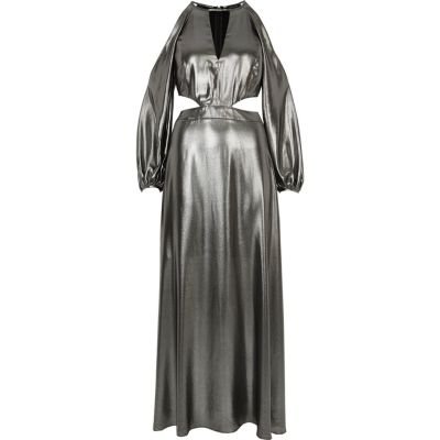 Metallic silver cold shoulder maxi dress